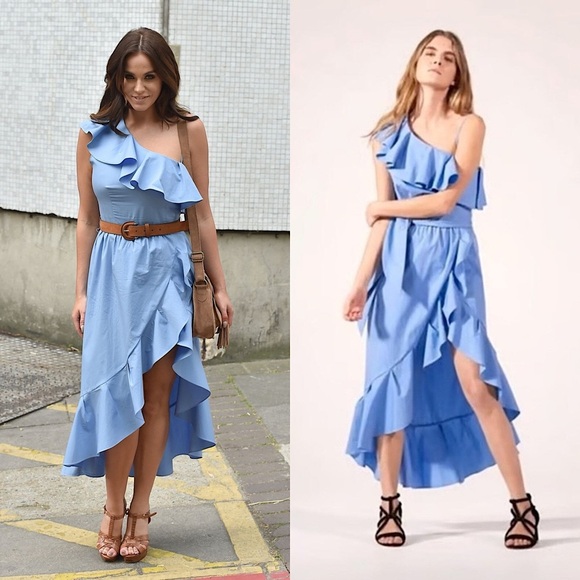 NWT SANDRO Cotton Poplin Sleeveless One Shoulder Ruffle Trim Faux Wrap Dress L - Picture 6 of 9